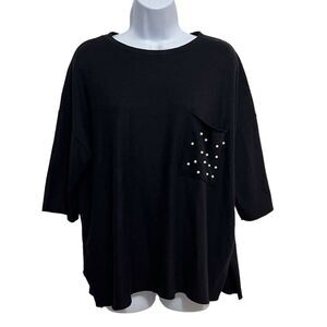 Zara Black Short Sleeve Fine Knit Sweater with Pearl Detail Pocket Size Medium
